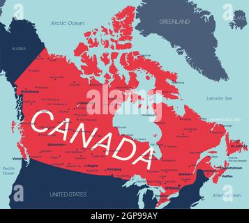Carte vectorielle du Canada modifiable avec la capitale, les frontières nationales, les villes et les villes. Fichier vectoriel EPS-10 Banque D'Images