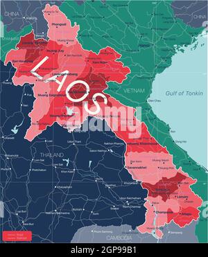 Laos pays carte détaillée modifiable avec régions villes, routes et chemins de fer, sites géographiques. Fichier vectoriel EPS-10 Banque D'Images