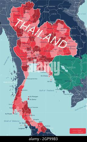 Thaïlande carte détaillée modifiable avec régions villes, routes et chemins de fer, sites géographiques. Fichier vectoriel EPS-10 Banque D'Images