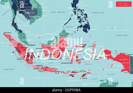 Indonésie carte détaillée modifiable avec régions villes, routes et chemins de fer, sites géographiques. Fichier vectoriel EPS-10 Banque D'Images