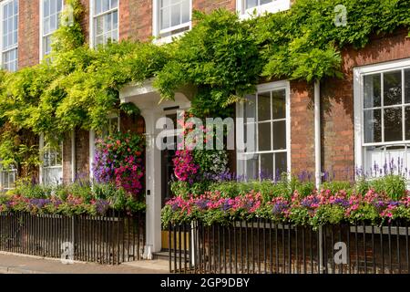 Floraison de fleurs et de verdure sur l'ancienne maison façade de briques, tourné en village touristique sur la Tamise Banque D'Images