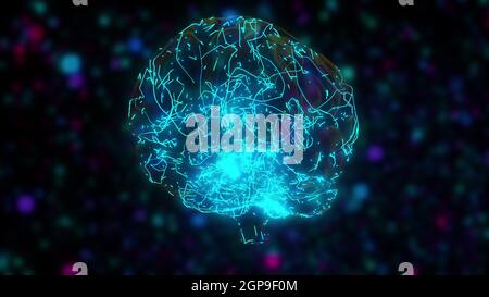 Modèle d'intelligence artificielle généré par ordinateur. rendu 3d du cerveau numérique sur fond de particules floues colorées Banque D'Images