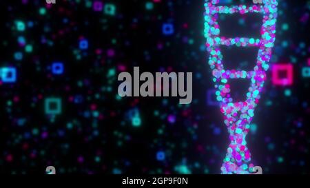 Double hélice de l'ADN numérique contre les particules floues colorées, générée par ordinateur. rendu 3d de la recherche chimique en toile de fond Banque D'Images