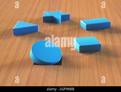 Pièce incorrecte dans le trou. Assortiment de blocs bleus sur une table en bois. Jouet éducatif et test psychologique. Banque D'Images