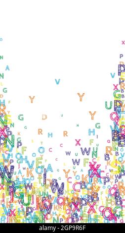 Chute de lettres de langue anglaise. Mots volants de l'alphabet latin, tracés à la main et lumineux. Concept d'étude des langues étrangères. Bandeau de rentrée sur fond blanc. Illustration de Vecteur