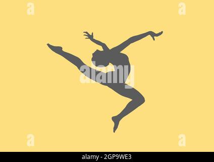 Silhouette d'un athlète de gymnastique rythmique de saut. Banque D'Images