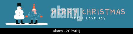 Merry Christmas web banner illustration de drôle de caractère d'hiver faisant bonhomme de neige. Carte de style rétro dessinée à la main pour les fêtes ou les fêtes. Illustration de Vecteur