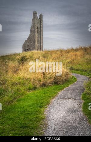 Chemin menant à travers un pré à la tour ruinée de l'abbaye de Saint-Marys près du château de Trim, comté de Meath, Irlande Banque D'Images