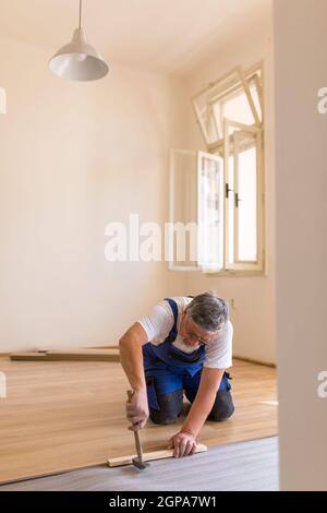 Bricolage, réparation, bâtiment et concept de maison - homme senior parquet planche/sol stratifié (DOF peu profond; image aux couleurs vives) Banque D'Images