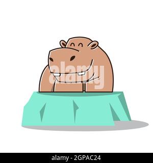 Mignon Happy Big Hippopotamus assis souriant personnage de mascotte dessin animé Illustration de Vecteur