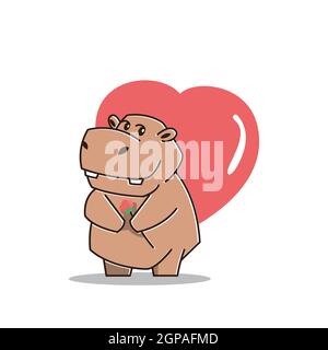 Mignon Big Hippopotamus en amour coeur fleur mascotte personnage dessin animé Illustration de Vecteur