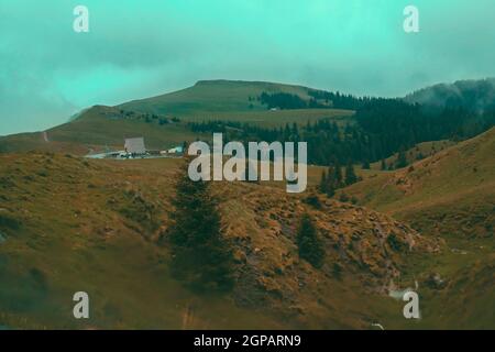Les arbres de pile de Panorama Mountain en ligne des montagnes de Foggy Carpathian pics sur un matin d'automne brumeux. Bucegi Mountains, Roumanie Europe Banque D'Images
