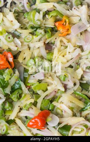 plat de légumes tempérés, pommes de terre, haricots et oignons avec graines de moutarde, piments et feuilles de curry, plat végétarien vue rapprochée, pris d'en haut Banque D'Images