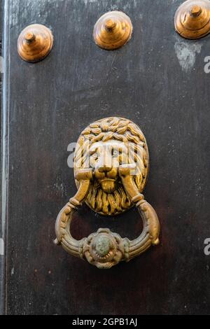 Knock bronzé sur une porte en bois sombre Banque D'Images