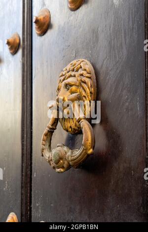 Knock bronzé sur une porte en bois sombre Banque D'Images