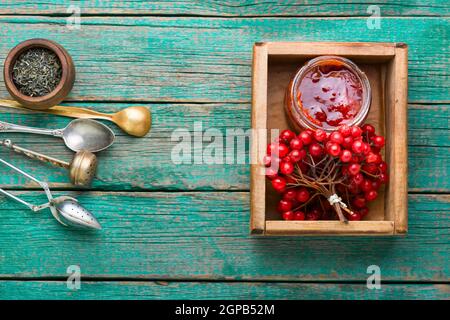 Pot en verre avec confiture et baies de viburnum fraîches Banque D'Images