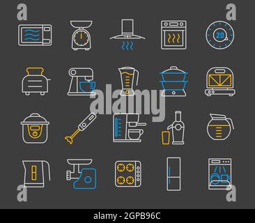 Appareils de cuisine équipement électrique électronique outil vecteur jeu d'icônes. Symbole graphique pour la conception du site Web de cuisson et des applications, logo, application, interface utilisateur Banque D'Images