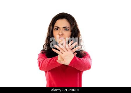 Adorable jeune fille avec chandail rouge isolé sur un blanc arrière-plan Banque D'Images