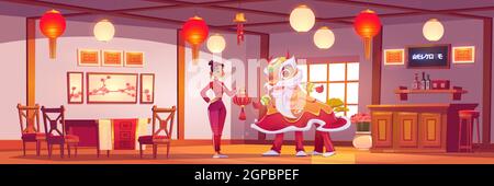 Serveuse et Lion du nouvel an au restaurant chinois. Illustration vectorielle de la chine café avec des gens en costume traditionnel de carnaval et fille avec lanterne rouge asiatique Illustration de Vecteur
