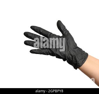 main femelle dans un gant en latex noir sur fond blanc, paume ouverte Banque D'Images