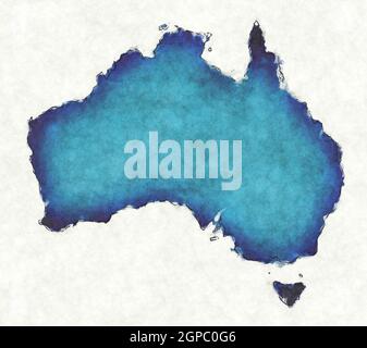 Carte de l'Australie avec lignes dessinées et illustration bleu aquarelle Banque D'Images