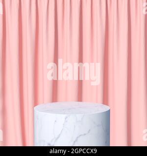 podium cylindrique en marbre blanc et rideaux roses. rendu 3d. Banque D'Images