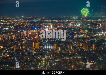 Feu d'artifice Chofu visible depuis l'observatoire du bâtiment du gouvernement métropolitain de Tokyo. Lieu de tournage : zone métropolitaine de Tokyo Banque D'Images