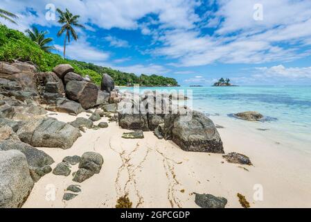 Tropical Beach Anse Royale avec les rochers de granit à l'avant-plan à l'île de Mahé, Seychelles - Locations de fond. Banque D'Images