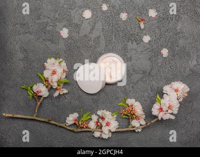 Flat Lay with Beauty concept with facial cosmétiques products and Cherry Blossom on Concrete dark table. Vue de dessus, cadre, plan de travail. Maquette de marque Banque D'Images