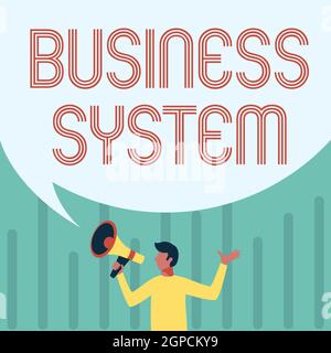 Affiche présentant le système d'entreprise. Mot écrit sur Une méthode d'analyse de l'information des organisations Man Drawing Holding Megaphone avec Big Speech Banque D'Images