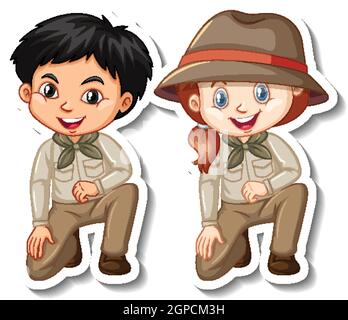 Couple d'enfants en costume safari dessin animé personnage autocollant illustration Illustration de Vecteur