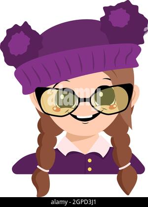 Fille avec de grands yeux, lunettes et grand sourire heureux dans chapeau violet avec pompon. Adorable enfant au visage joyeux Illustration de Vecteur