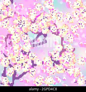 Motif fleuri de printemps romantique sans couture. Fleurs rose jaune sakura ou pêche, branches d'arbre de printemps, pétales volantes, fond bleu rose blanc dégradé. Illustration de Vecteur