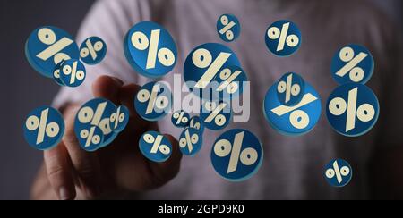 rendu 3d des symboles de pourcentage beige sur les bureaux circulaires bleus touchés par une main Banque D'Images