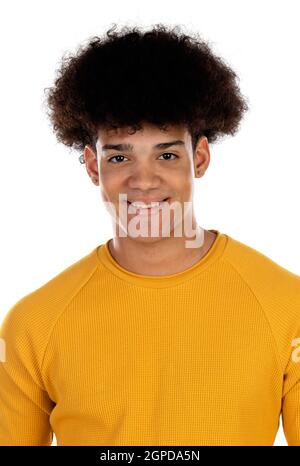 Adolescents avec t-shirt jaune isolé sur fond blanc Banque D'Images