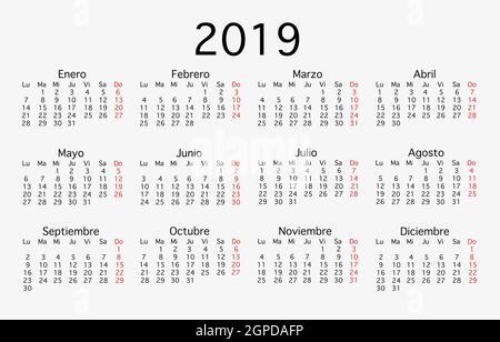 Anglais Modèle de calendrier pour l'année 2019, ensemble de 12 mois Banque D'Images