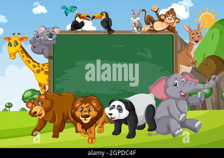 Tableau noir vide avec divers animaux sauvages dans l'illustration de la forêt Illustration de Vecteur