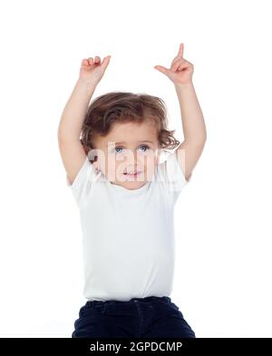 Bébé Adorable avec ses mains posées pour demander le mot isolé sur fond blanc Banque D'Images