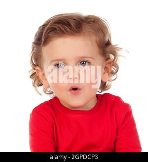 Adorable bébé apprend à parler isolé sur fond blanc Banque D'Images