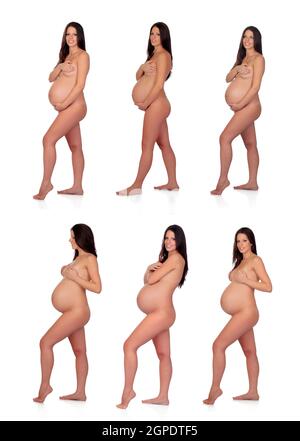 Séquence de brunette femme enceinte isolé sur fond blanc Banque D'Images