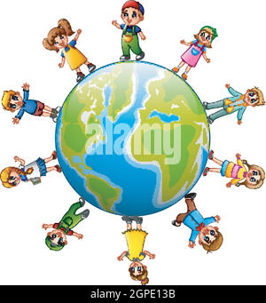 Des enfants heureux se tenant autour de la terre Illustration de Vecteur