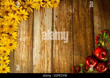 fond en bois décoré de fleurs jaunes d'automne et de pommes rouges, concept d'automne Banque D'Images