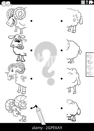 faites correspondre les moitiés de la page de livre de coloriage d'images de mouton de dessin animé Illustration de Vecteur