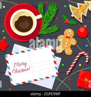 Fond de Noël avec café, biscuits au pain d'épice et carte postale avec enveloppe. Illustration vectorielle plate. Illustration de Vecteur