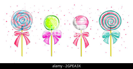 Bonbons, sucettes avec arceaux . Ensemble vectoriel de bonbons, de collypes à rayures spiralées, isolés sur fond blanc. Sucettes tordues et tourbillonnantes sur les bâtons Illustration de Vecteur