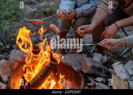 Jeune famille de trois saucisses de cuisson au feu de camp pendant le repos dans un environnement naturel Banque D'Images