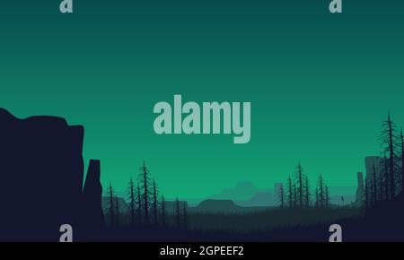 Panorama sur les montagnes avec de fantastiques silhouettes d'arbres secs depuis les berges au crépuscule. Illustration vectorielle d'une ville Illustration de Vecteur