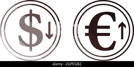 Icône de la monnaie en euros à la baisse du dollar et à la croissance Illustration de Vecteur