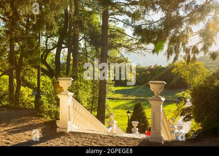 Crimée Yalta 14 octobre 2018. Palais Massandra en automne. Le palais et le parc est la résidence de l'empereur russe. Escalier en pierre blanc neige Banque D'Images
