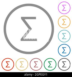 Symbole de somme des icônes de couleur plate dans des contours ronds sur fond blanc Illustration de Vecteur